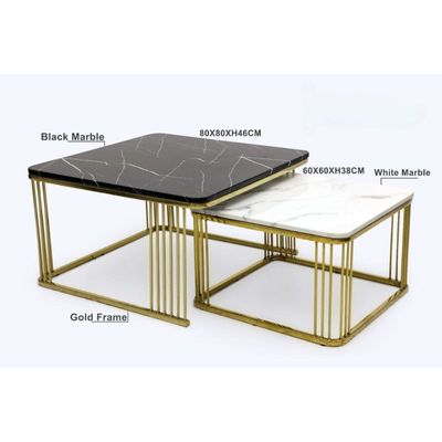 2-Piece Square Shape Coffe Table Golden Frame with Marble Top Metal Frame Color Black