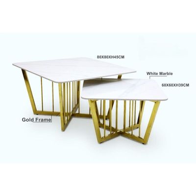 2-Piece Square Shape Coffe Table Golden Frame with Marble Top Metal Frame Color Cream