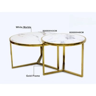 2-Piece Round Coffe Table Golden Frame with Marble Top Metal Frame Color Cream
