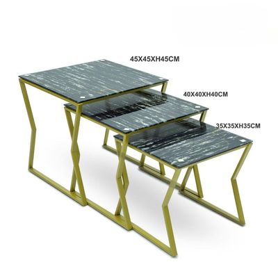 3-Piece Square Coffe Table Golden Frame with Marble Top Metal Frame Color Black