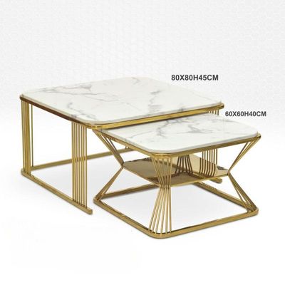 2-Piece Square Shape Coffe Table Golden Frame with Marble Top Metal Frame Color White