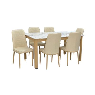 Modern Design Marble 1+6  Cappuccino Dinning table with steel legs and Pu Leather 6 chairs set and 1 table with marble top