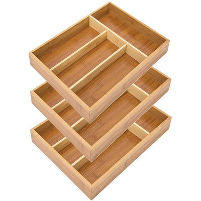 3 Pieces Organic Bamboo Extending Cutlery Drawer Tray 4 Compartment Durable