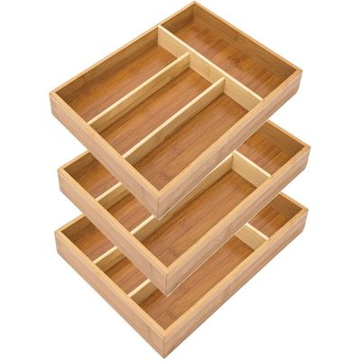 3 Pieces Bamboo Cutlery Drawer Tray Kitchen Organiser Storage Holder 