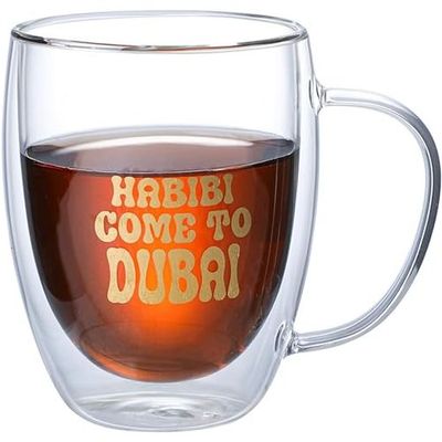 1CHASE® Borosilicate Double Wall "Habibi Come to Dubai" Printed Glass Cup with Handle and Straw 350 ML (Set of 2)