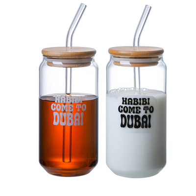 1CHASE® Borosilicate "Habibi Come to Dubai" Printed Drinking Glasses With Bamboo Lid and Glass Straw, 550ML (Set of 2)
