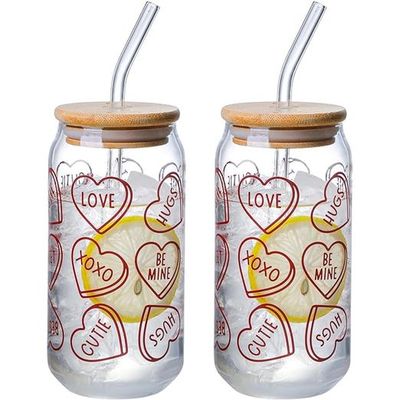 1CHASE® Borosilicate Valentine-themed Patterns Drinking Glasses With Bamboo Lid 550 ML (Set of 2)