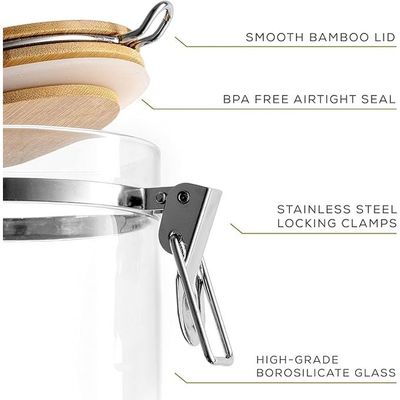 1CHASE® Borosilicate Glass Storage Jar With Clip and Airtight Bamboo Lid 750 ML (Set of 2)