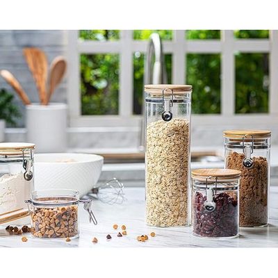 1CHASE® Borosilicate Glass Storage Jar With Clip and Airtight Bamboo Lid 750 ML (Set of 2)