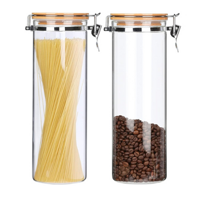 1CHASE® Borosilicate Glass Storage Jar With Clip and Airtight Bamboo Lid 1400 ML (Set of 2)