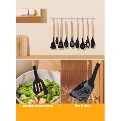 Silicone Cooking Kitchen 12PCS Wooden Utensils Tool for Nonstick Cookware, Set with Bamboo Wood Handles Cookware Non-Toxic Turner Tongs Spatula Spoon 