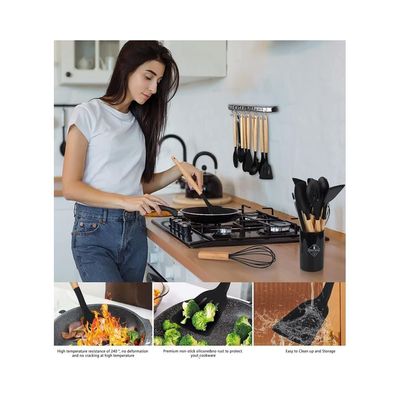 Silicone Cooking Kitchen 12PCS Wooden Utensils Tool for Nonstick Cookware, Set with Bamboo Wood Handles Cookware Non-Toxic Turner Tongs Spatula Spoon 