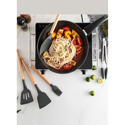Silicone Cooking Kitchen 12PCS Wooden Utensils Tool for Nonstick Cookware, Set with Bamboo Wood Handles Cookware Non-Toxic Turner Tongs Spatula Spoon 
