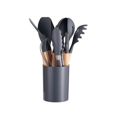 12 Pcs Silicone Cooking Utensil Kitchen Set with Organizer Cup Holder, Kitchen Utensils Set with Wood Handles for Nonstick Cookware Set, Great Kitchen Tools