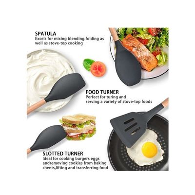 12 Pcs Silicone Cooking Kitchen Utensils Set with Holder, Wooden Handles