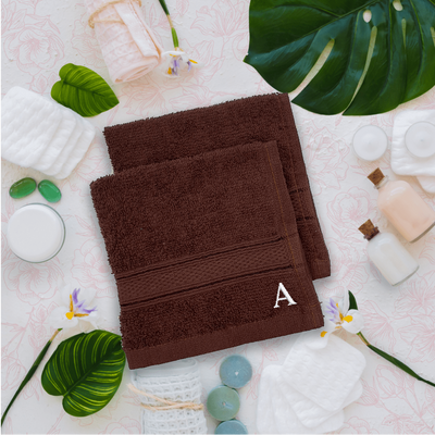 Daffodil (Brown) Monogrammed Face Towel (30 x 30 Cm - Set of 6) 100% Cotton, Absorbent and Quick dry, High Quality Bath Linen- 500 Gsm White Thread Letter "A"