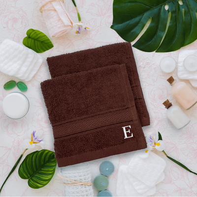 Daffodil (Brown) Monogrammed Face Towel (30 x 30 Cm - Set of 6) 100% Cotton, Absorbent and Quick dry, High Quality Bath Linen- 500 Gsm White Thread Letter "E"