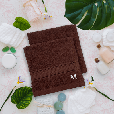 Daffodil (Brown) Monogrammed Face Towel (30 x 30 Cm - Set of 6) 100% Cotton, Absorbent and Quick dry, High Quality Bath Linen- 500 Gsm White Thread Letter "M"