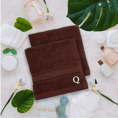 Daffodil (Brown) Monogrammed Face Towel (30 x 30 Cm - Set of 6) 100% Cotton, Absorbent and Quick dry, High Quality Bath Linen- 500 Gsm White Thread Letter "Q"