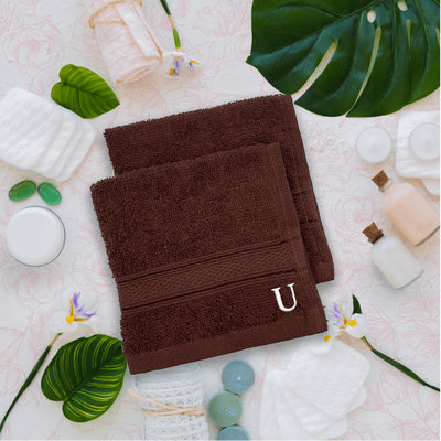 Daffodil (Brown) Monogrammed Face Towel (30 x 30 Cm - Set of 6) 100% Cotton, Absorbent and Quick dry, High Quality Bath Linen- 500 Gsm White Thread Letter "U"