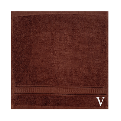 Daffodil (Brown) Monogrammed Face Towel (30 x 30 Cm - Set of 6) 100% Cotton, Absorbent and Quick dry, High Quality Bath Linen- 500 Gsm White Thread Letter "V"
