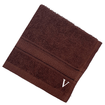 Daffodil (Brown) Monogrammed Face Towel (30 x 30 Cm - Set of 6) 100% Cotton, Absorbent and Quick dry, High Quality Bath Linen- 500 Gsm White Thread Letter "V"