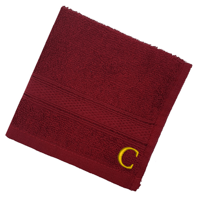 Daffodil (Burgundy) Monogrammed Face Towel (30 x 30 Cm - Set of 6) 100% Cotton, Absorbent and Quick dry, High Quality Bath Linen- 500 Gsm Golden Thread Letter "C"