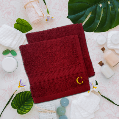 Daffodil (Burgundy) Monogrammed Face Towel (30 x 30 Cm - Set of 6) 100% Cotton, Absorbent and Quick dry, High Quality Bath Linen- 500 Gsm Golden Thread Letter "C"