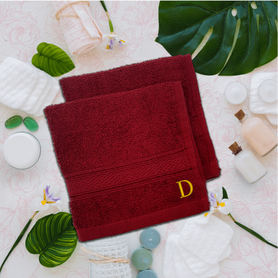 Daffodil (Burgundy) Monogrammed Face Towel (30 x 30 Cm - Set of 6) 100% Cotton, Absorbent and Quick dry, High Quality Bath Linen- 500 Gsm Golden Thread Letter "D"