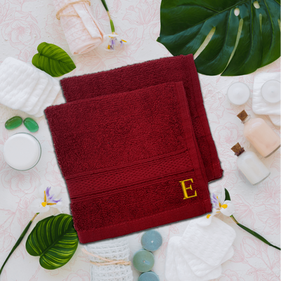 Daffodil (Burgundy) Monogrammed Face Towel (30 x 30 Cm - Set of 6) 100% Cotton, Absorbent and Quick dry, High Quality Bath Linen- 500 Gsm Golden Thread Letter "E"