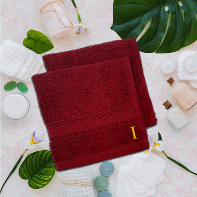 Daffodil (Burgundy) Monogrammed Face Towel (30 x 30 Cm - Set of 6) 100% Cotton, Absorbent and Quick dry, High Quality Bath Linen- 500 Gsm Golden Thread Letter "I"