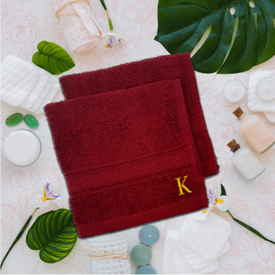 Daffodil (Burgundy) Monogrammed Face Towel (30 x 30 Cm - Set of 6) 100% Cotton, Absorbent and Quick dry, High Quality Bath Linen- 500 Gsm Golden Thread Letter "K"