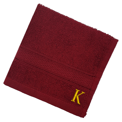 Daffodil (Burgundy) Monogrammed Face Towel (30 x 30 Cm - Set of 6) 100% Cotton, Absorbent and Quick dry, High Quality Bath Linen- 500 Gsm Golden Thread Letter "K"