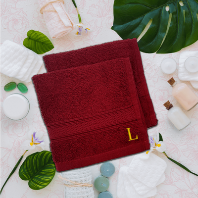 Daffodil (Burgundy) Monogrammed Face Towel (30 x 30 Cm - Set of 6) 100% Cotton, Absorbent and Quick dry, High Quality Bath Linen- 500 Gsm Golden Thread Letter "L"