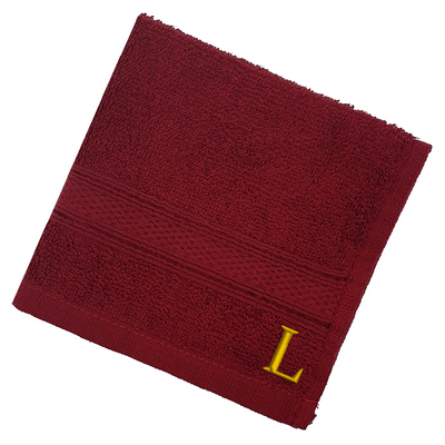 Daffodil (Burgundy) Monogrammed Face Towel (30 x 30 Cm - Set of 6) 100% Cotton, Absorbent and Quick dry, High Quality Bath Linen- 500 Gsm Golden Thread Letter "L"