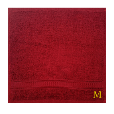 Daffodil (Burgundy) Monogrammed Face Towel (30 x 30 Cm - Set of 6) 100% Cotton, Absorbent and Quick dry, High Quality Bath Linen- 500 Gsm Golden Thread Letter "M"