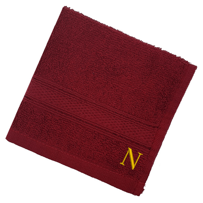 Daffodil (Burgundy) Monogrammed Face Towel (30 x 30 Cm - Set of 6) 100% Cotton, Absorbent and Quick dry, High Quality Bath Linen- 500 Gsm Golden Thread Letter "N"