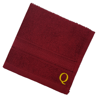 Daffodil (Burgundy) Monogrammed Face Towel (30 x 30 Cm - Set of 6) 100% Cotton, Absorbent and Quick dry, High Quality Bath Linen- 500 Gsm Golden Thread Letter "Q"