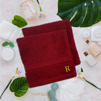 Daffodil (Burgundy) Monogrammed Face Towel (30 x 30 Cm - Set of 6) 100% Cotton, Absorbent and Quick dry, High Quality Bath Linen- 500 Gsm Golden Thread Letter "R"