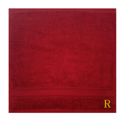 Daffodil (Burgundy) Monogrammed Face Towel (30 x 30 Cm - Set of 6) 100% Cotton, Absorbent and Quick dry, High Quality Bath Linen- 500 Gsm Golden Thread Letter "R"