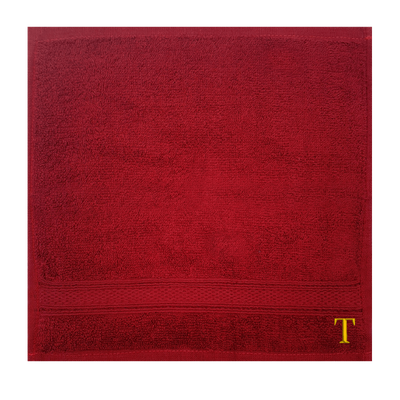 Daffodil (Burgundy) Monogrammed Face Towel (30 x 30 Cm - Set of 6) 100% Cotton, Absorbent and Quick dry, High Quality Bath Linen- 500 Gsm Golden Thread Letter "T"