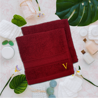 Daffodil (Burgundy) Monogrammed Face Towel (30 x 30 Cm - Set of 6) 100% Cotton, Absorbent and Quick dry, High Quality Bath Linen- 500 Gsm Golden Thread Letter "V"