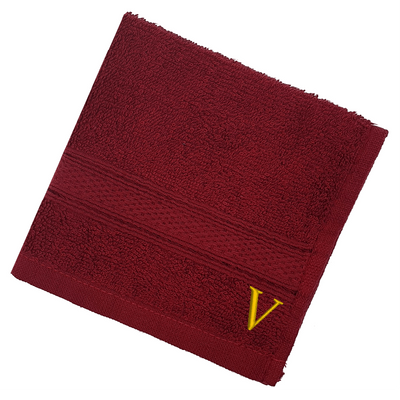 Daffodil (Burgundy) Monogrammed Face Towel (30 x 30 Cm - Set of 6) 100% Cotton, Absorbent and Quick dry, High Quality Bath Linen- 500 Gsm Golden Thread Letter "V"
