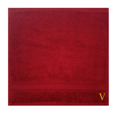 Daffodil (Burgundy) Monogrammed Face Towel (30 x 30 Cm - Set of 6) 100% Cotton, Absorbent and Quick dry, High Quality Bath Linen- 500 Gsm Golden Thread Letter "V"