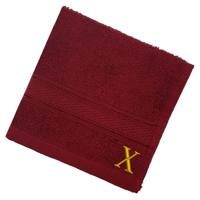 Daffodil (Burgundy) Monogrammed Face Towel (30 x 30 Cm - Set of 6) 100% Cotton, Absorbent and Quick dry, High Quality Bath Linen- 500 Gsm Golden Thread Letter "X"