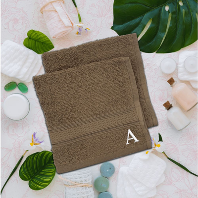 Daffodil (Dark Beige) Monogrammed Face Towel (30 x 30 Cm - Set of 6) 100% Cotton, Absorbent and Quick dry, High Quality Bath Linen- 500 Gsm White Thread Letter "A"