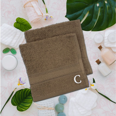 Daffodil (Dark Beige) Monogrammed Face Towel (30 x 30 Cm - Set of 6) 100% Cotton, Absorbent and Quick dry, High Quality Bath Linen- 500 Gsm White Thread Letter "C"