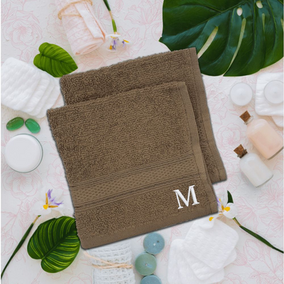 Daffodil (Dark Beige) Monogrammed Face Towel (30 x 30 Cm - Set of 6) 100% Cotton, Absorbent and Quick dry, High Quality Bath Linen- 500 Gsm White Thread Letter "M"