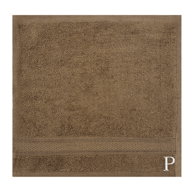 Daffodil (Dark Beige) Monogrammed Face Towel (30 x 30 Cm - Set of 6) 100% Cotton, Absorbent and Quick dry, High Quality Bath Linen- 500 Gsm White Thread Letter "P"