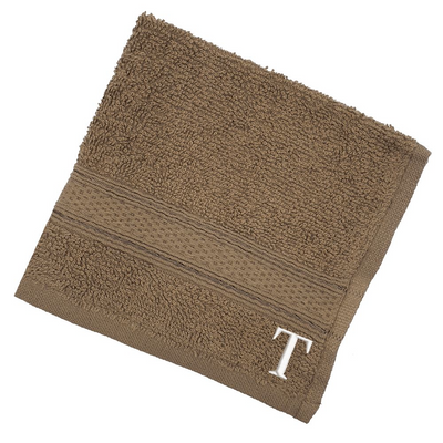 Daffodil (Dark Beige) Monogrammed Face Towel (30 x 30 Cm - Set of 6) 100% Cotton, Absorbent and Quick dry, High Quality Bath Linen- 500 Gsm White Thread Letter "T"